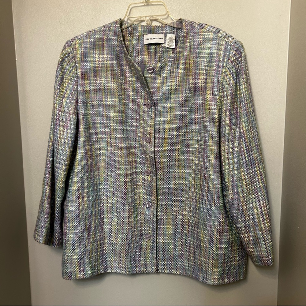 Alfred Dunner Women’s plaid Purple‎ Tweed Button Up Jacket Career Casual size 18